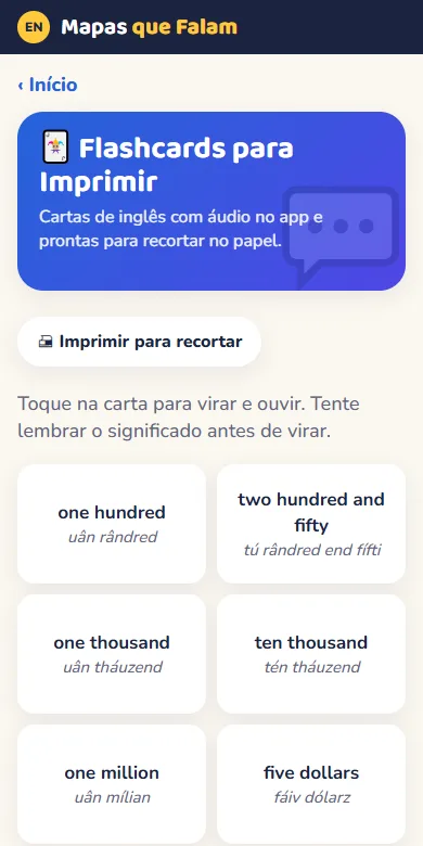 Tela do bônus Flashcards para Imprimir no app