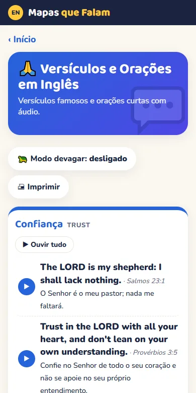 Tela do bônus Versículos e Orações em Inglês no app